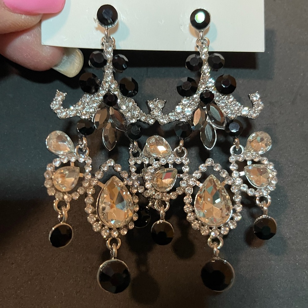 Black Pageant Earrings Clear Swarovski Crystals